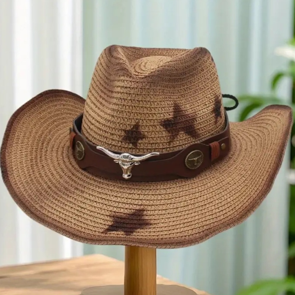 SALE ! Stunning Brown Straw Cowboy Hat with Star Design